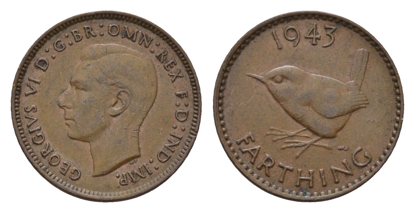 Великобритания 1 фартинг 1943 Георг VI (1936-1952) KM 843, Spink 4116 бронза 4516-963