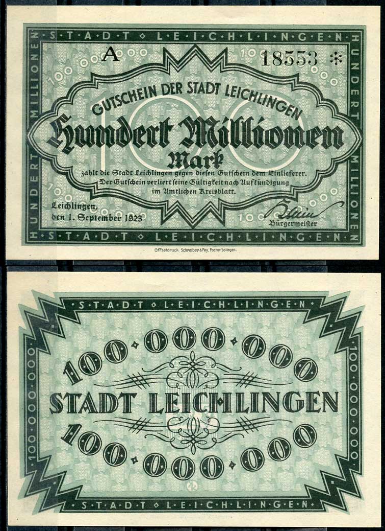 Германия, Лайхлинген 100000000 марок 1923 нотгельд Tieste 0705/15 бумага UNC (пресс) 444-112-2-1