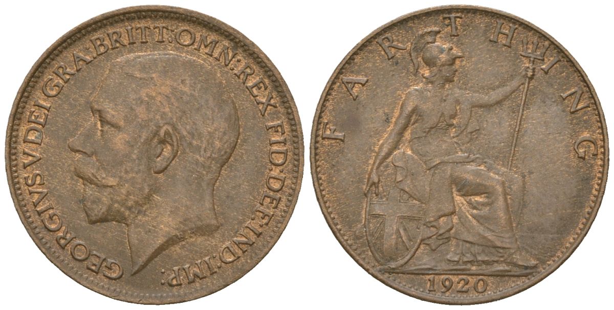 Великобритания 1 фартинг 1920 Георг V (1910-1936), светлая отделка KM 808.2, Spink 4060 бронза 4617-326