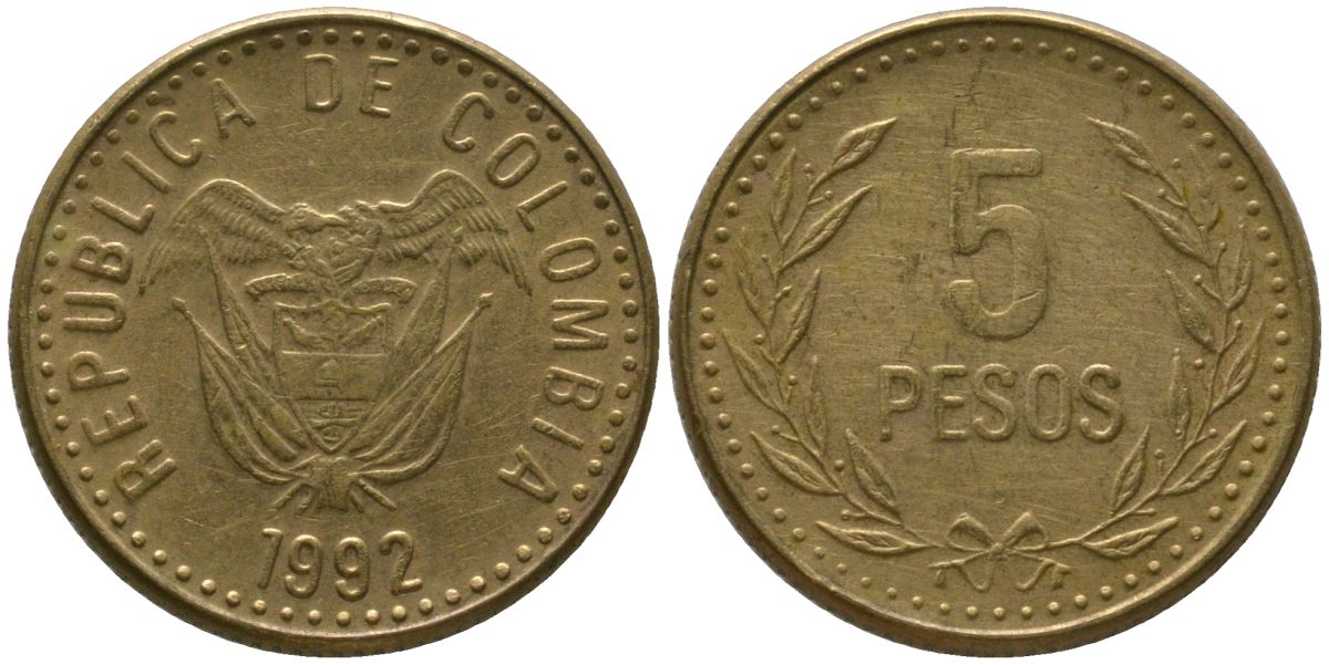 Колумбия 5 песо 1992 KM 280 алюминиевая бронза 4528-1155