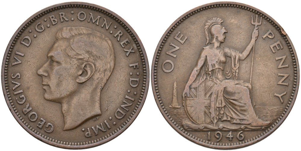 Великобритания 1 пенни 1946 Георг VI (1936-1952) KM 845, Spink 4114 бронза 4574-141