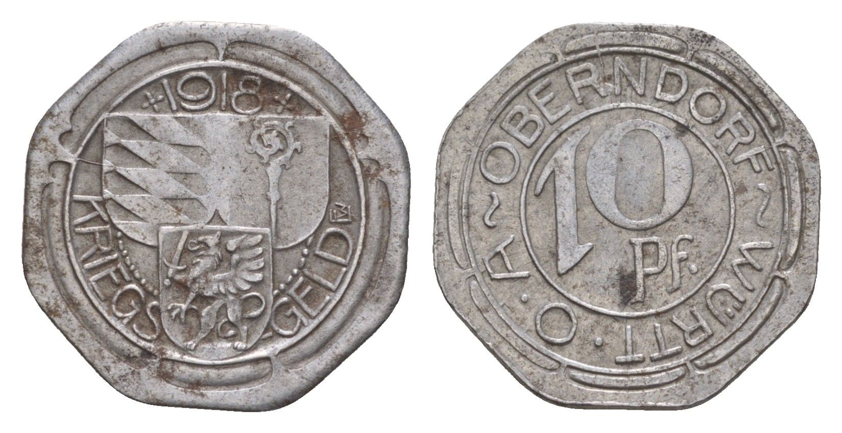 Оберндорф 10 пфеннигов 1918 Funck 392.2, Men05 19547.4, Men18 24506.4 железо 4659-323