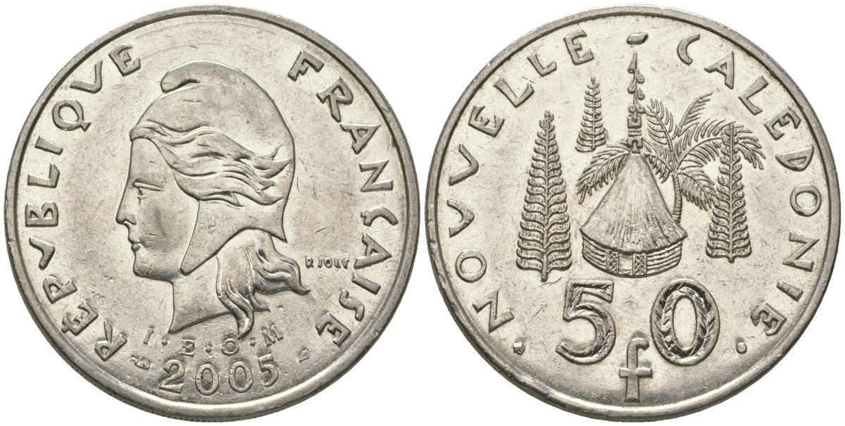Французская Новая Каледония 50 франков 2005 хижина среди сосен и пальм, (IEOM) KM 13, Schoen 15, Lec 121 никель 111-1215