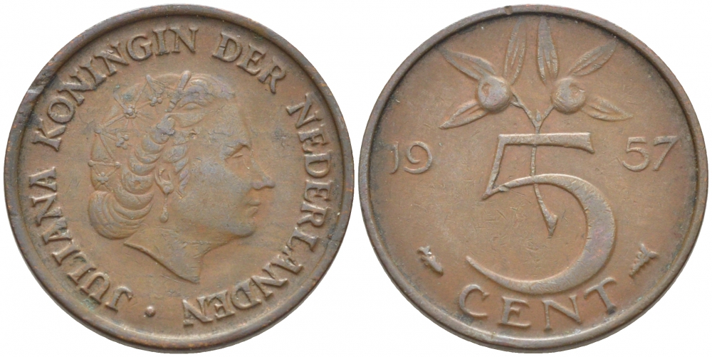 НИДЕРЛАНДЫ 5 ЦЕНТОВ 1957 ЮЛИАНА KM 181 бронза 3856-1224