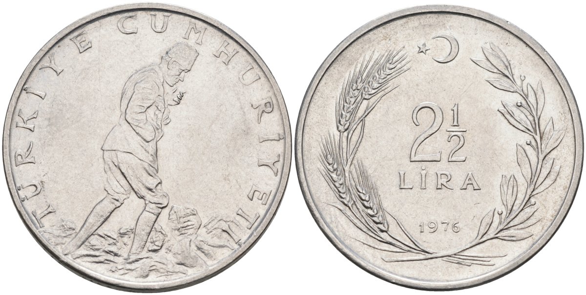 Турция 2 1/2 лиры 1976 KM 893.2 нержавеющая сталь 4574-1113