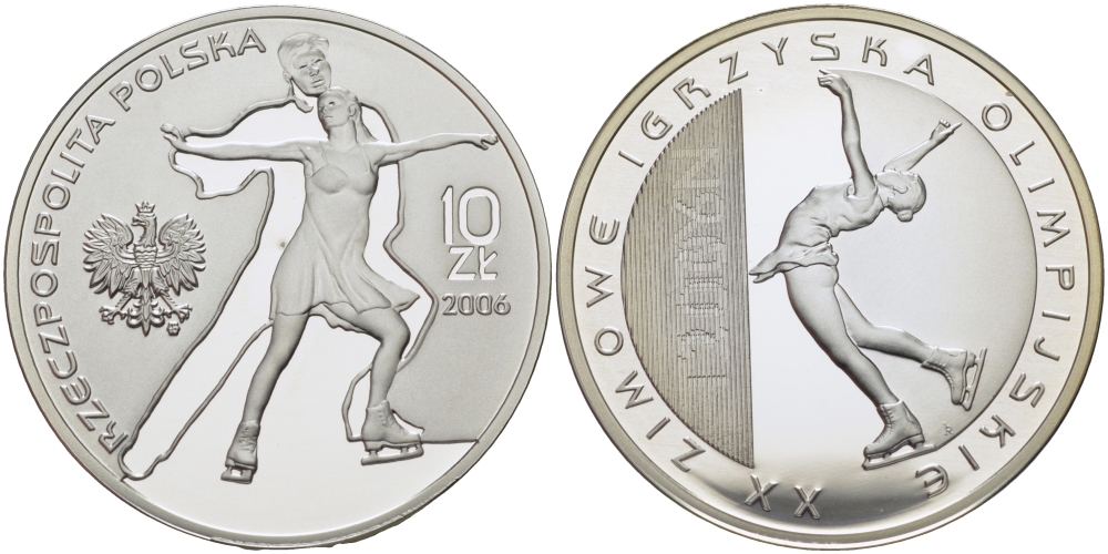 Польша 10 злотых 2006 MW, XX зимние Олимпийские игры в Туриние, фигурное катание, голограмма KM 556 серебро PROOF 1087-7-22