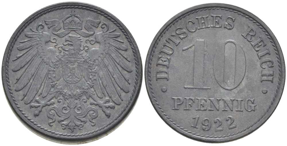 ГЕРМАНИЯ 10 ПФЕННИНГОВ 1922 KM 26, J.299, Weege 8 цинк 202-217