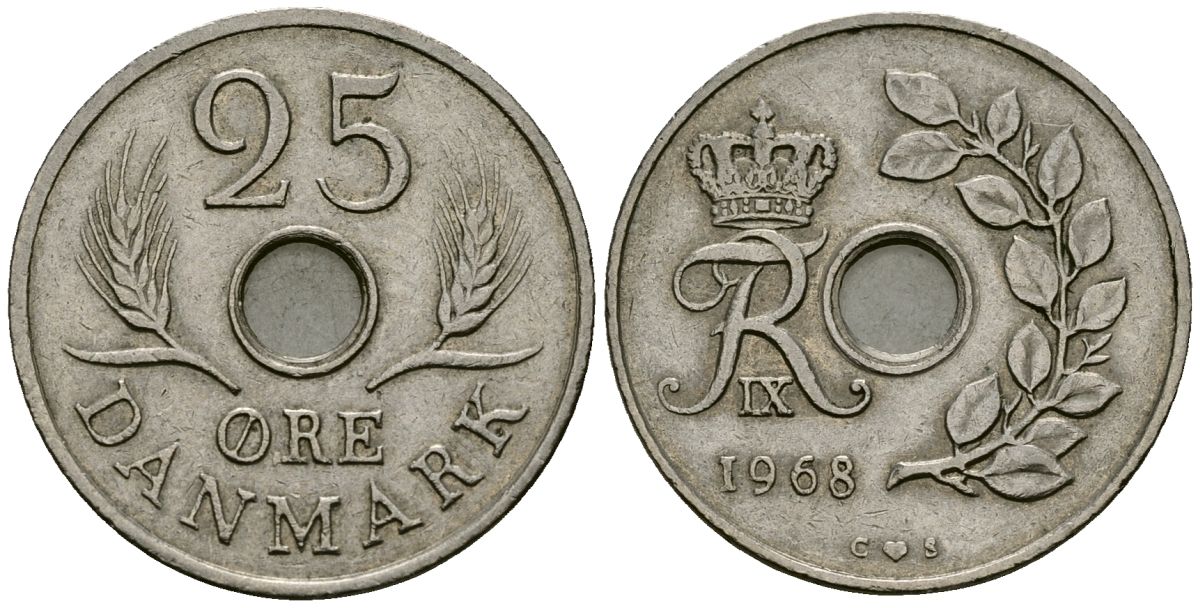 Дания 25 эре 1968 С;S, Фредерик IX (1947-1972) KM 855.1 медно-никель 4167-345