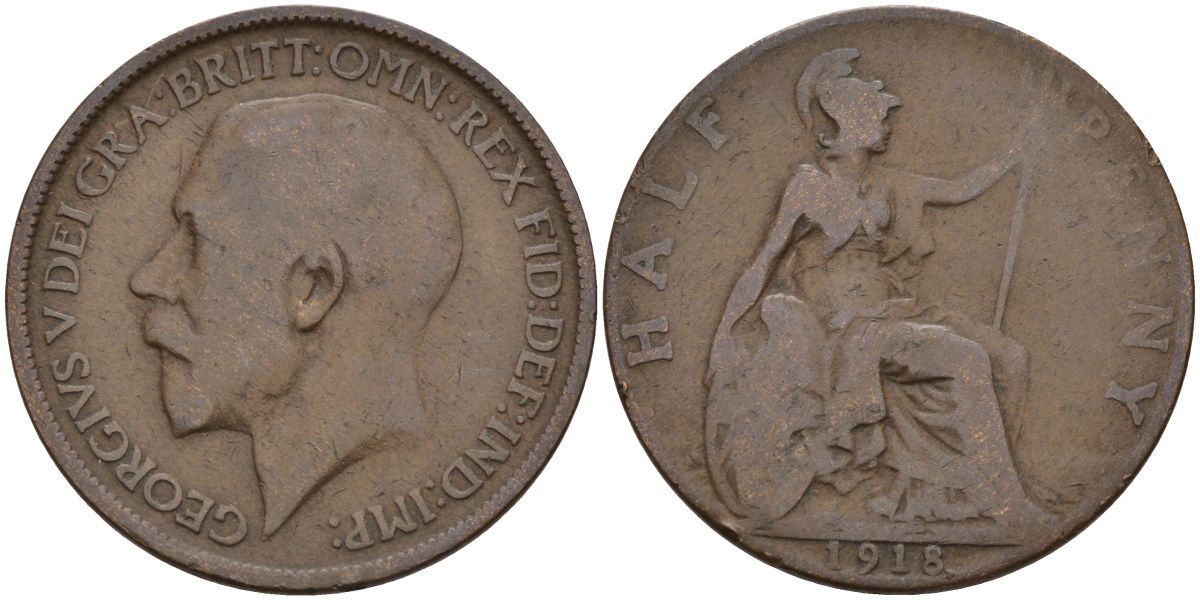 Великобритания 1/2 пенни 1918 Георг V (1910 - 1936) KM 809, Spink 4056 бронза 4153-752