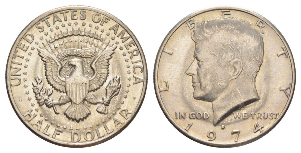 США 1/2 доллара (50 центов) 1974 D, Джон Кеннеди KM 202b медь плакированная медно-никелем aUNC 4123-146