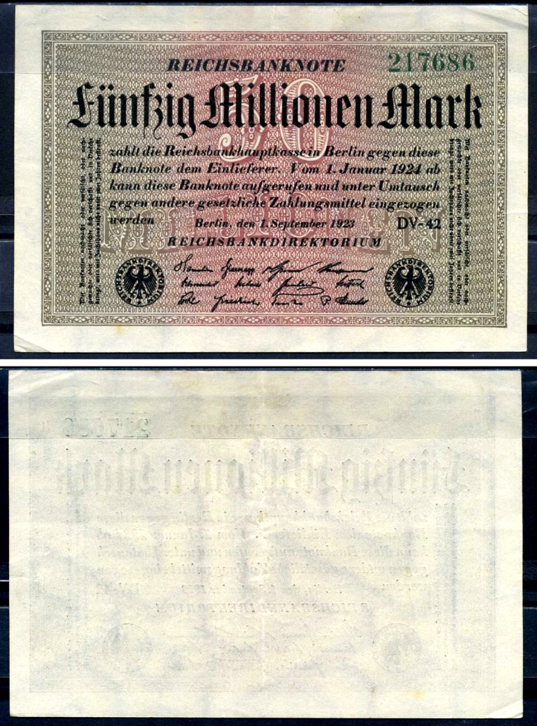 Германия 50000000 марок 1923 1 сентября 1923 Pick 109 b (1) бумага 7552-72-2-2