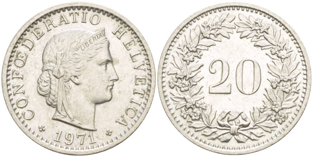 ШВЕЙЦАРИЯ 20 РАППЕНОВ 1971 KM 29а медно-никель 4544-323