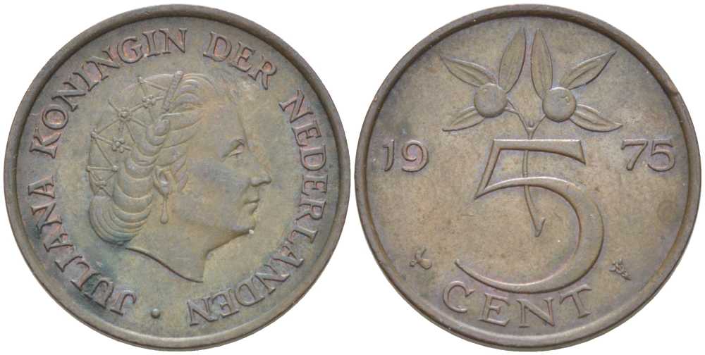 Нидерланды 5 центов 1975 Юлиана (1949-1980) KM 181 бронза 213-1132