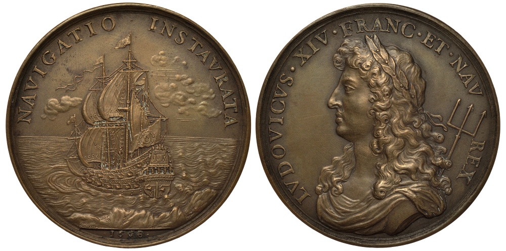Франция медаль 1668 Людовик XIV, парусник, навигация, чекан XIX века, 56 гр, 50 мм бронза 1082-5-13