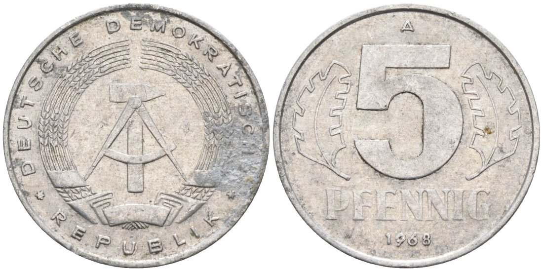 ГДР 5 пфеннигов 1968 А KM 9.1 алюминий 4564-1038