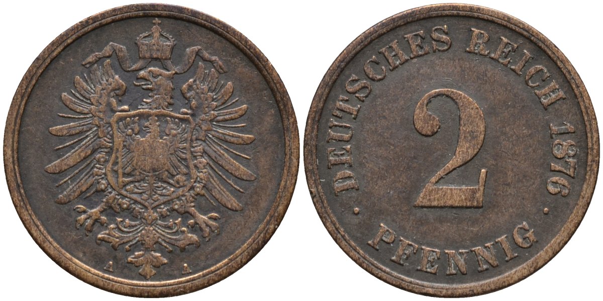 Германия 2 пфеннига 1876 A, старогербовка KM 2 медь 44-1268
