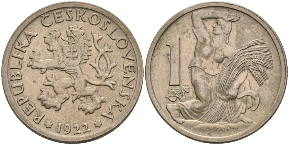 Чехословакия 1 крона 1922 женщина со снопом и серпом KM 4 медно-никель 4575-323