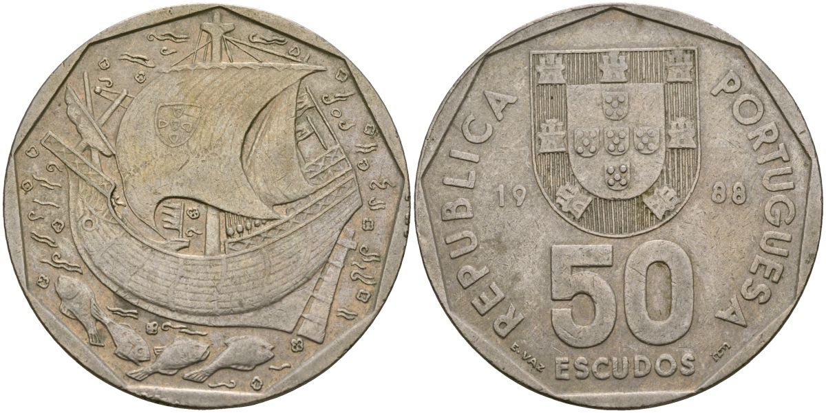 Португалия 50 эскудо 1988 парусник KM 636 медно-никель 4162-246