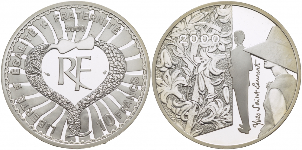 Франция 10 франков 2000 Ив Сен-Лоран, миллениум KM 1235 серебро PROOF 05-091-42
