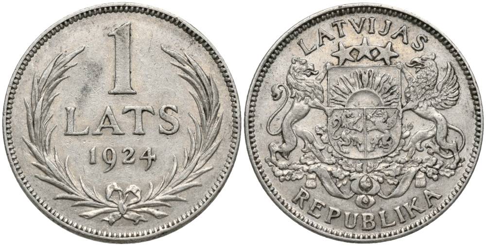 Латвия 1 лат 1924 Первая республика (1918-1939) KM 7 серебро 27-1226