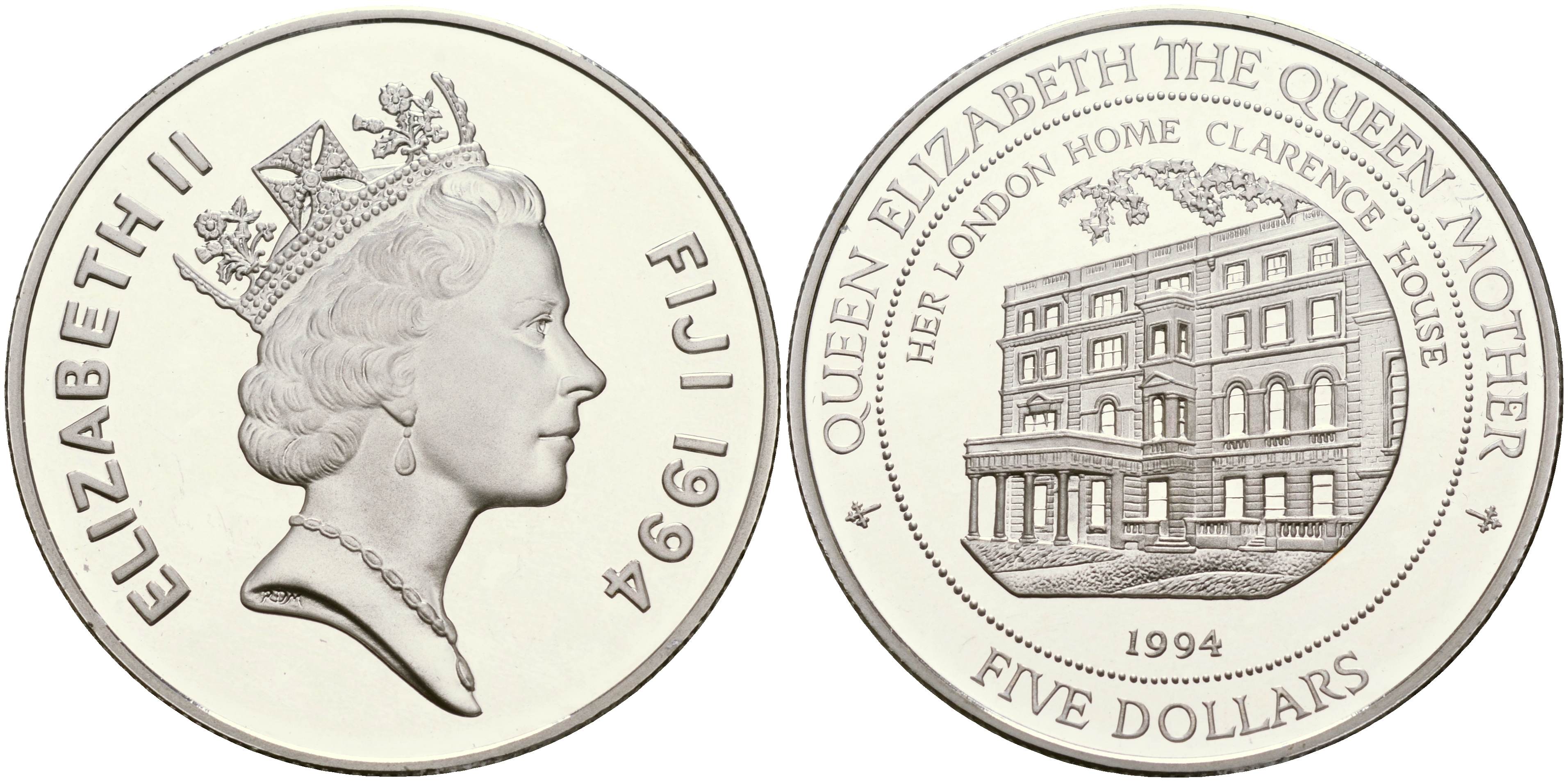 Фиджи 5 долларов 1994 Кларенс-хаус, дом королевы матери KM 69 серебро PROOF 1066-3-24