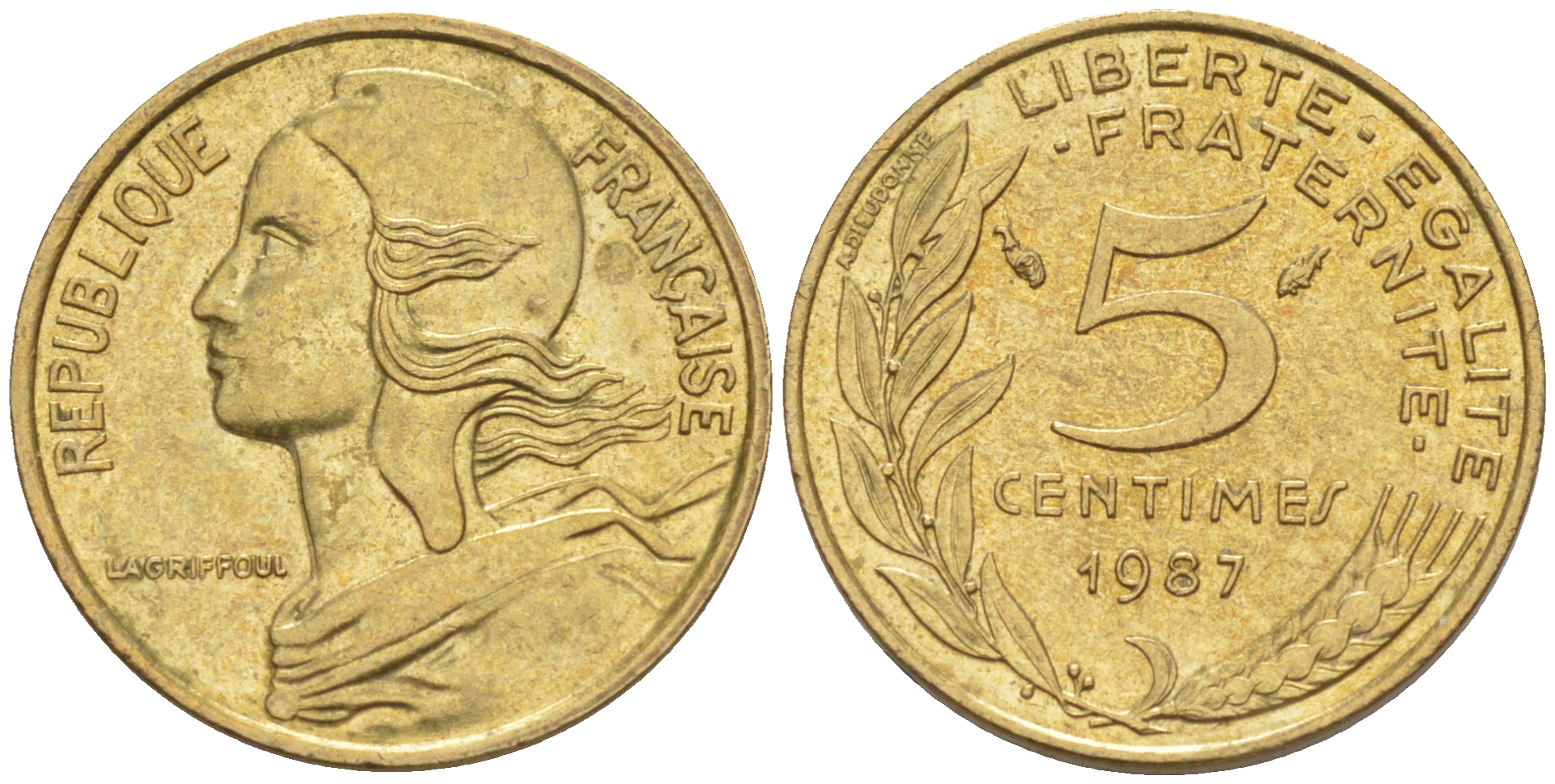 Франция 5 сантимов 1987 ТИП MARIANNE KM 933, le Frank 125.23 медь алюминий никель 100-427