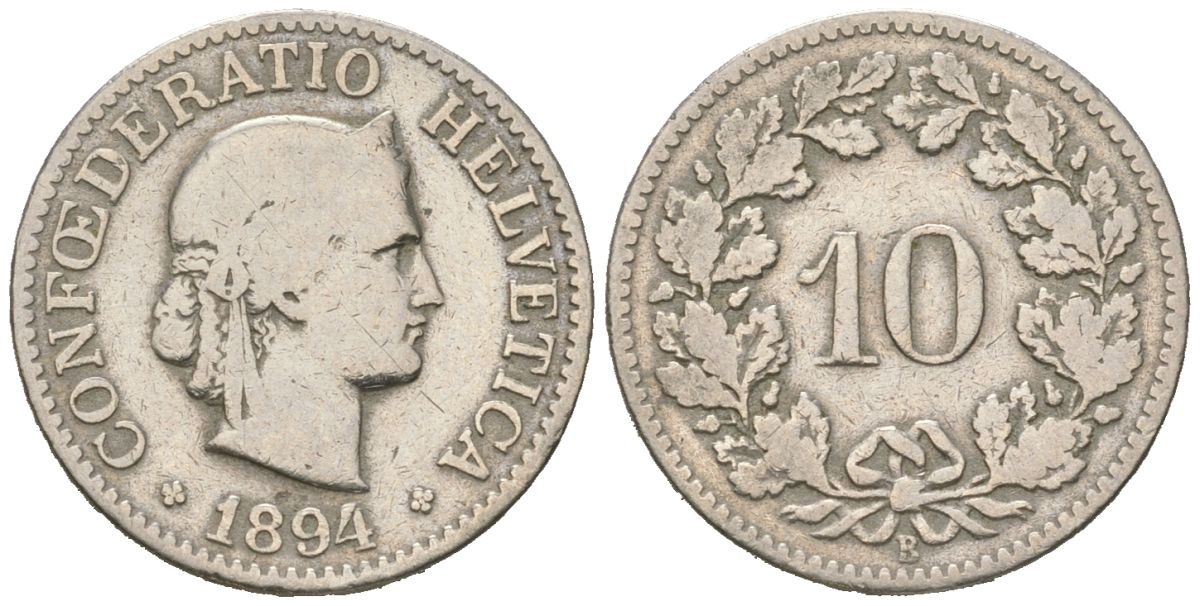 Швейцария 10 раппенов 1894 B KM 27 медно-никель 4617-438