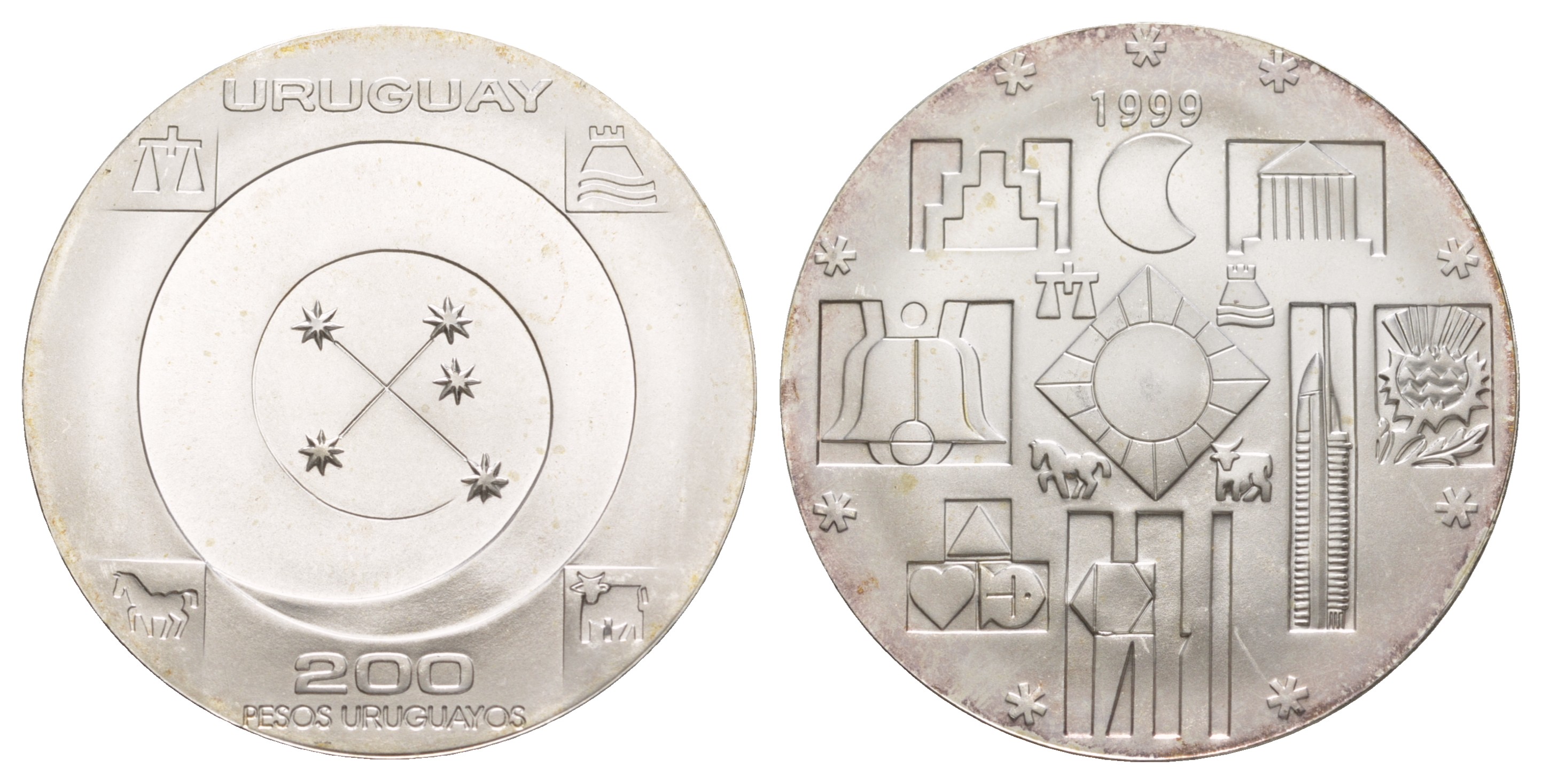 Уругвай 200 песо 1999 миллениум KM 115 серебро  UNC  1091-10-51