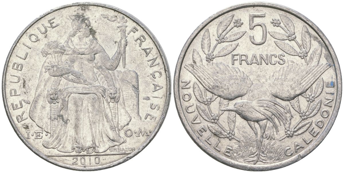 Французская Новая Каледония 5 франков 2010 птица кагу, (IEOM) KM 16, Schoen 12, Lec 81k алюминий 4111-613