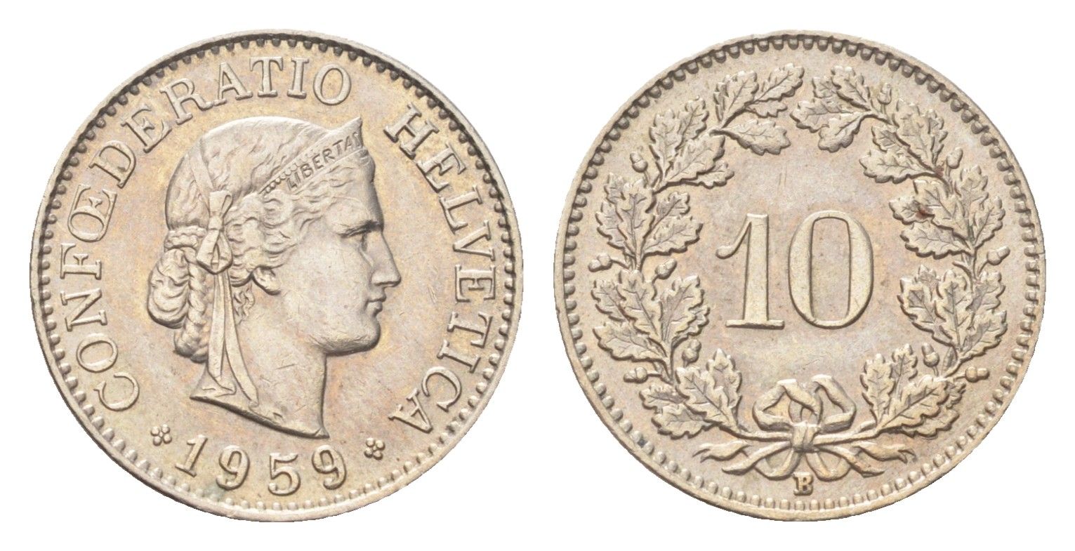 Швейцария 10 раппенов 1959 B KM 27 медно-никель 4708-212