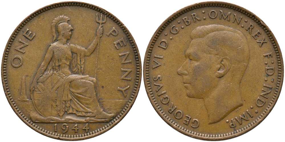 Великобритания 1 пенни 1944 Георг VI (1936-1952) КМ 845, Spink 4114 бронза 115-415