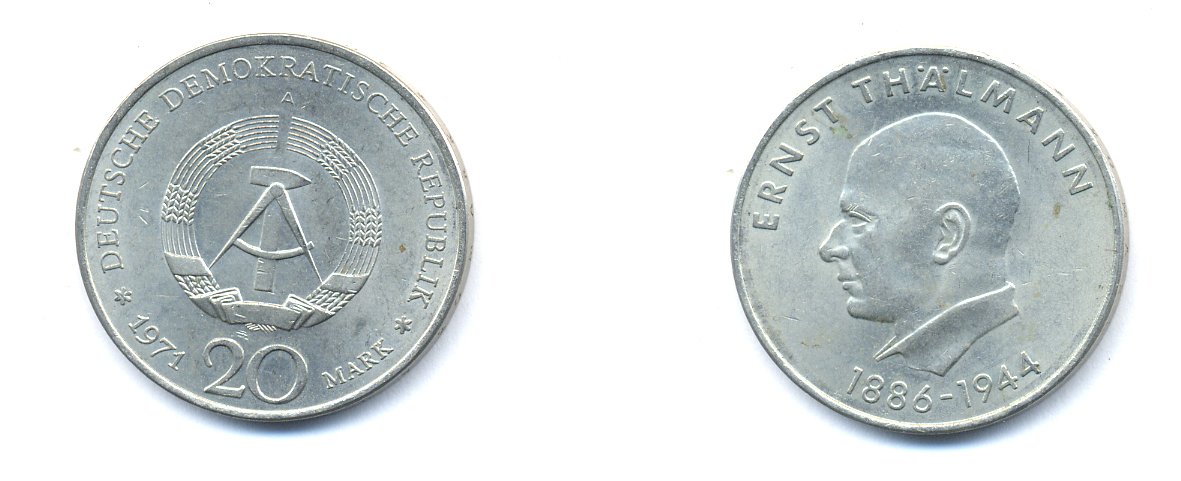 ГДР 20 марок 1971 A, 85 лет со дня рождения Эрнста Тельмана KM 34, J. 1535 медно-никель 3333-546