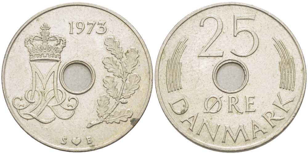 Дания 25 эре 1973 S; B, Маргрете II (1972- ) KM 861.1 медно-никель 117-433