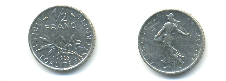 Франция 1/2 франка 1965 сеятель KM 931, Le Franc 198.3 никель 86-1747