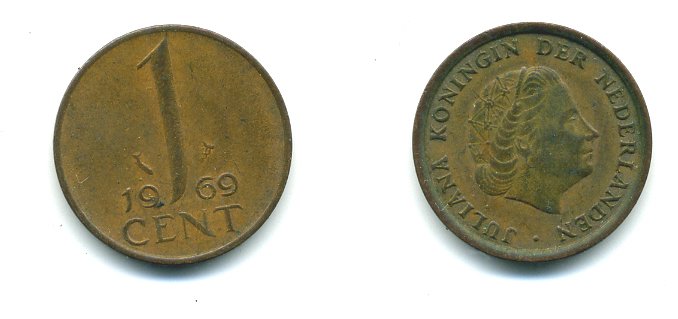 НИДЕРЛАНДЫ 1 ЦЕНТ 1969 ЮЛИАНА KM 180 бронза 53-117