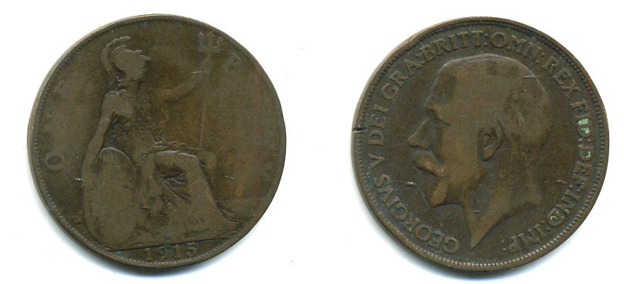 Великобритания 1 пенни 1915 Георг V (1910-1936) KM 810, Spink 4051 бронза 41-113