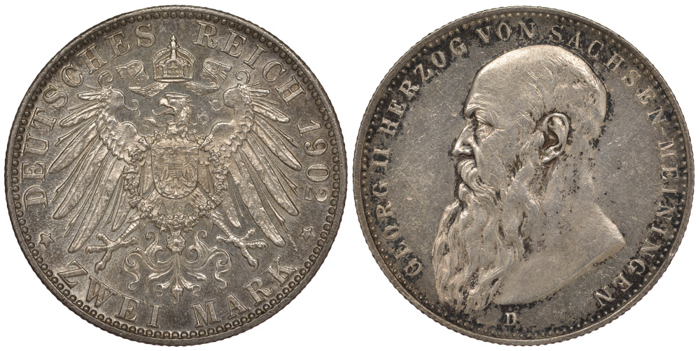 Саксен-Майнинген 2 марки 1902 D, Георг II, герцог Саксен-Мейнингена (1866-1914) Weege 147b, J. 151b, KM 199 серебро aUNC 00-000-00