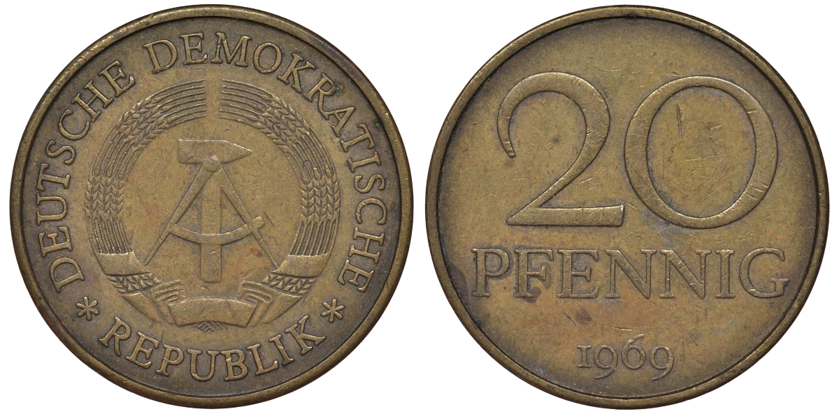 ГДР 20 пфеннигов 1969 А, первый год KM 11 латунь 62-1223