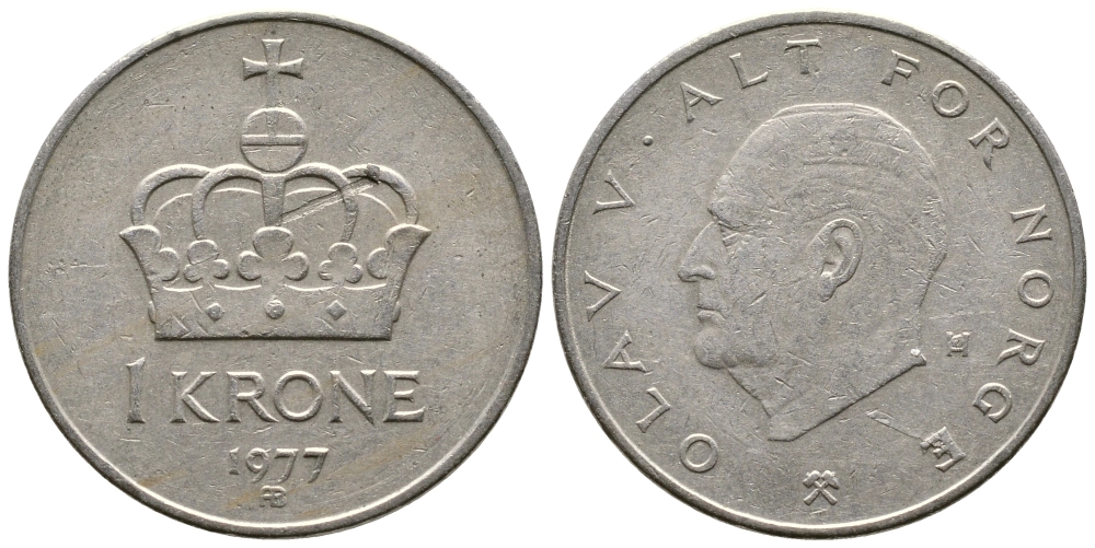 НОРВЕГИЯ 1 КРОНА 1977 ОЛАВ V KM 419 медно-никель 91-523