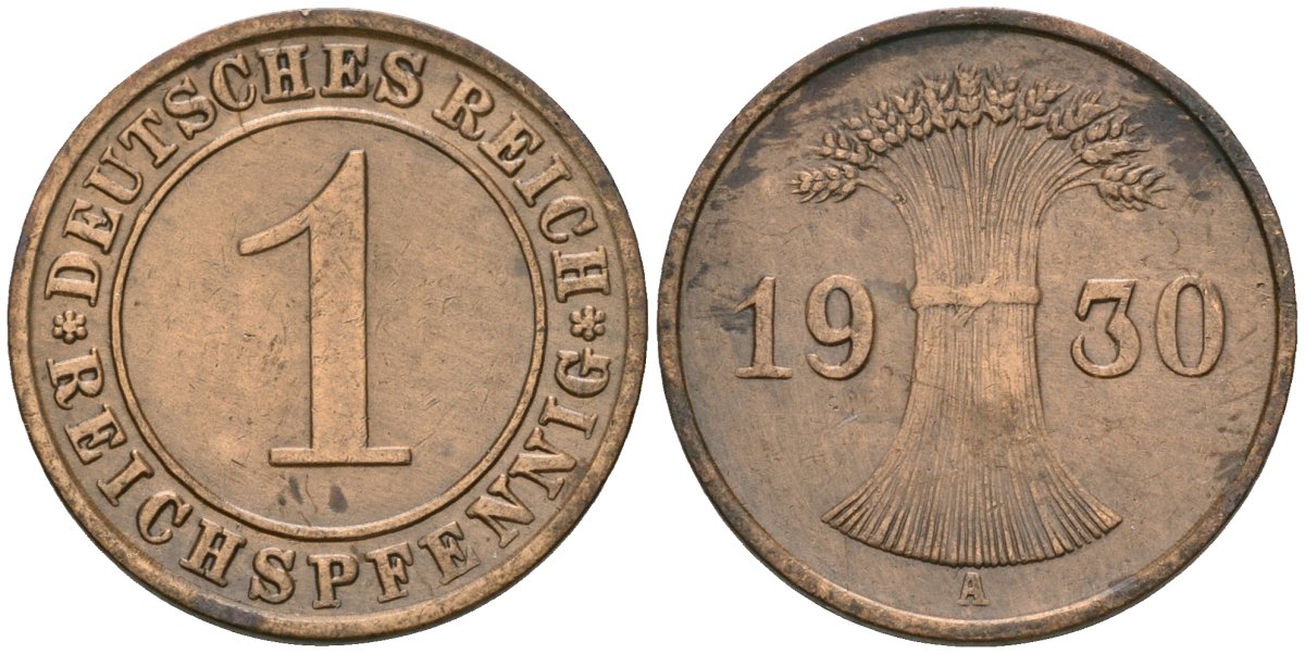 Германия 1 рейхспфенниг 1930 A KM 37, J. 313 бронза 4189-1135