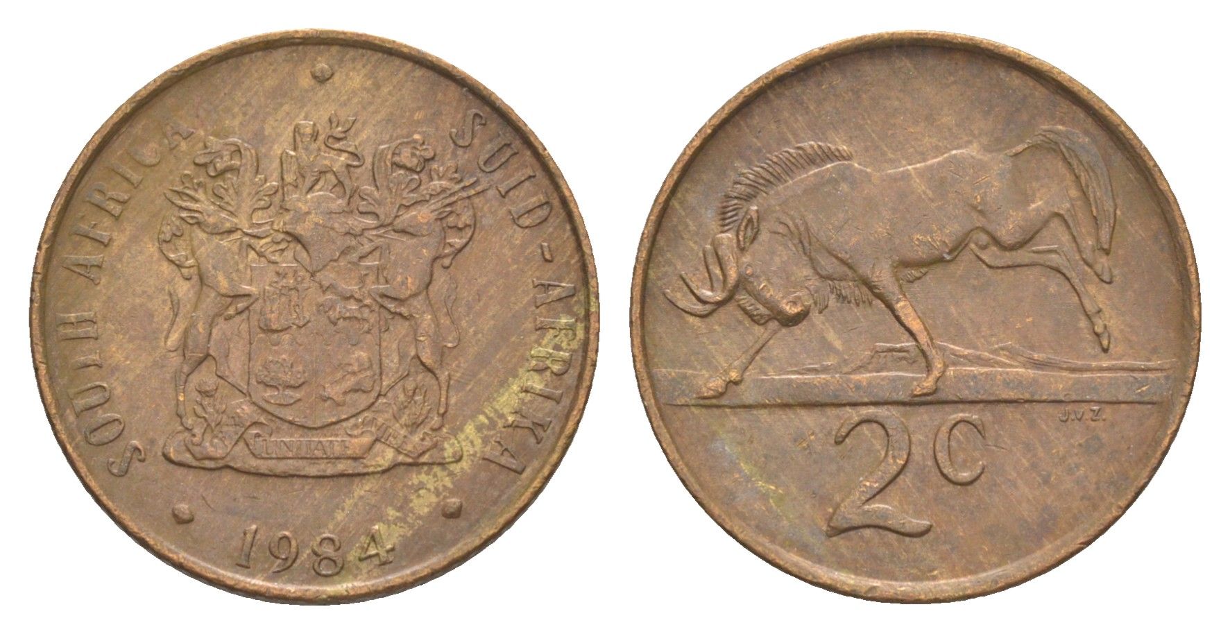 ЮАР 2 цента 1984 герб, антилопа гну KM 83 бронза 4621-159