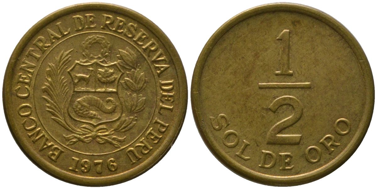 Перу 1/2 соль 1976 KM 265, Schon 65 латунь 4532-842