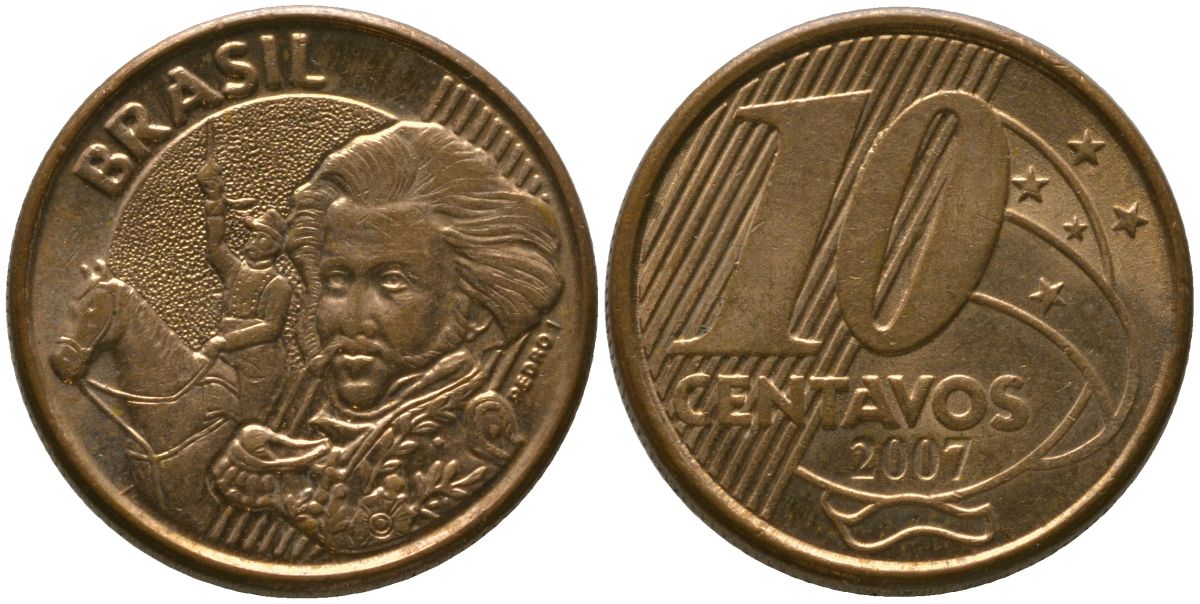 Бразилия 10 сентаво 2007 KM 649, Schon 157 сталь плакированная бронзой 4523-855