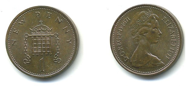 Великобритания 1 пенни 1971 Елизавета II (1952-2022) KM 915, Spink 4237 (B1) бронза 61-1137
