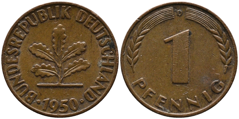 ФРГ 1 ПФЕННИГ 1950 D KM 105, J.380 сталь плакированная медью 96-1059