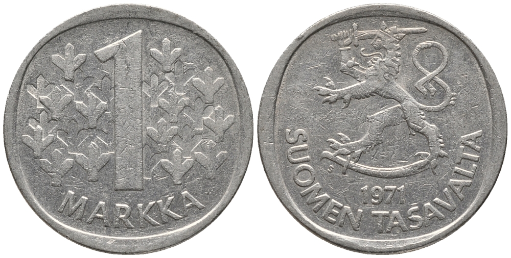 ФИНЛЯНДИЯ 1 МАРКА 1971 KM 49а медно-никель 34-1051