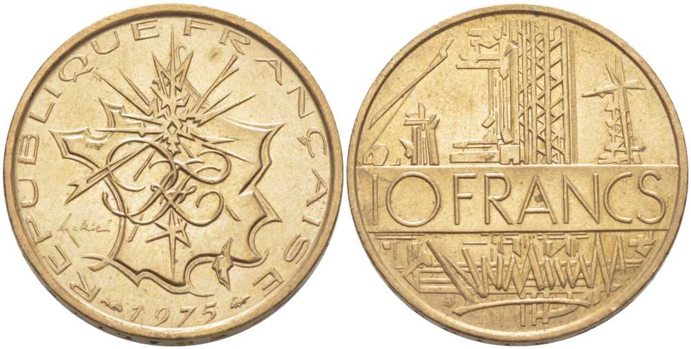Франция 10 франков 1975 тип Матье KM 940, Le Franc 365.5-6 никель латунь 38-344
