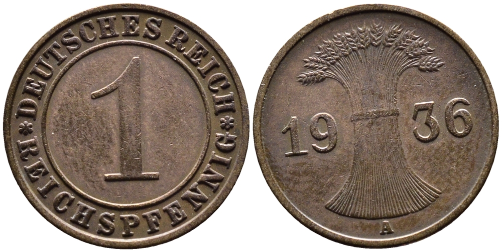 ГЕРМАНИЯ 1 РЕЙХСПФЕННИГ 1936 A KM 37 бронза 4387-1125