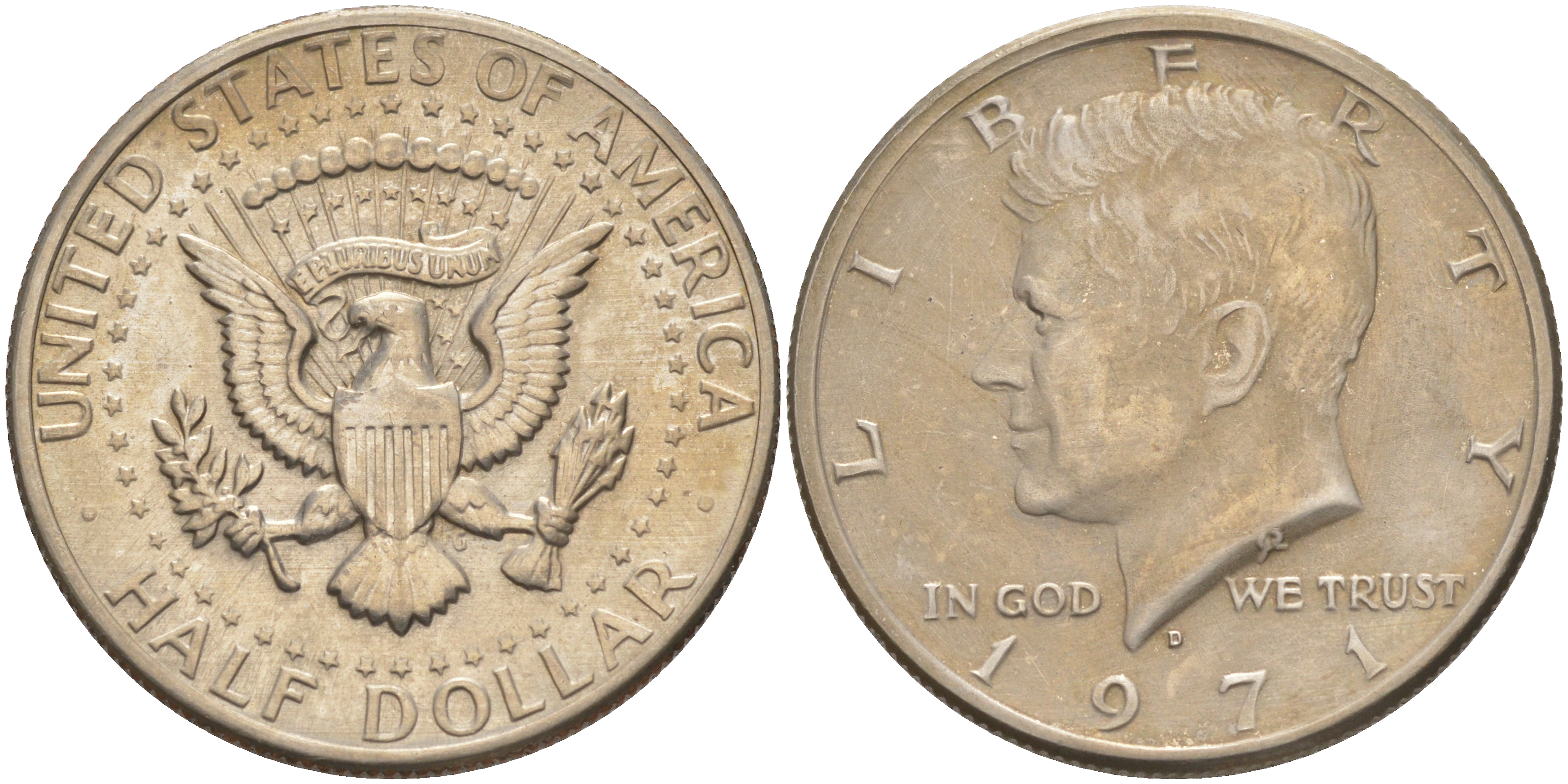 США 1/2 доллара (50 центов) 1971 D, Джон Кеннеди KM 202b медь плакированная медно-никелем 4111-834