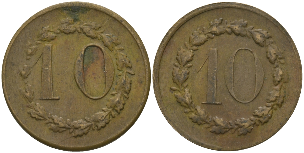 ФРАНЦИЯ 10 САНТИМОВ ND ПЛАТЕЖНЫЙ ЖЕТОН НАЧАЛА XX ВЕКА, НА АВЕРСЕ И РЕВЕРСЕ ЦИФРЫ НОМИНАЛА В ВЕНКЕ, ДИАМЕТР 20 ММ. латунь 99-541